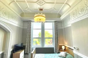 Cartmel Grange, Cumbria, bedroom with high celling 