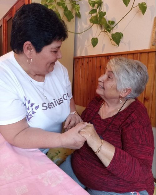 Senius Care live in, Stonehouse, carer with eldery client holding hands