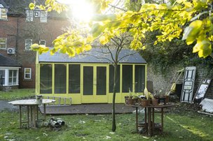 Elstree Court Care, garden area with shed 