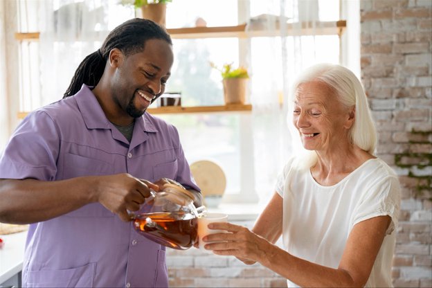 Flourish Advanced Care in Bedfordshire and Hertfordshire, carer pouring drink