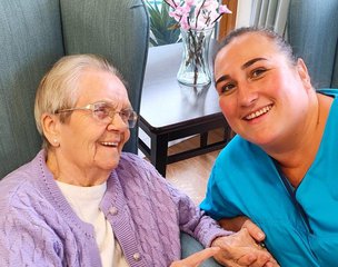 Resident and carer in Monkbarns Care home in Arbroath