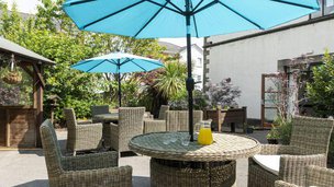 Pendleton Court Care Home in Salford, patio seating