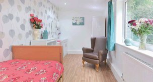 Meadowview Care Home, Cheshire, bedroom with blue curtains 